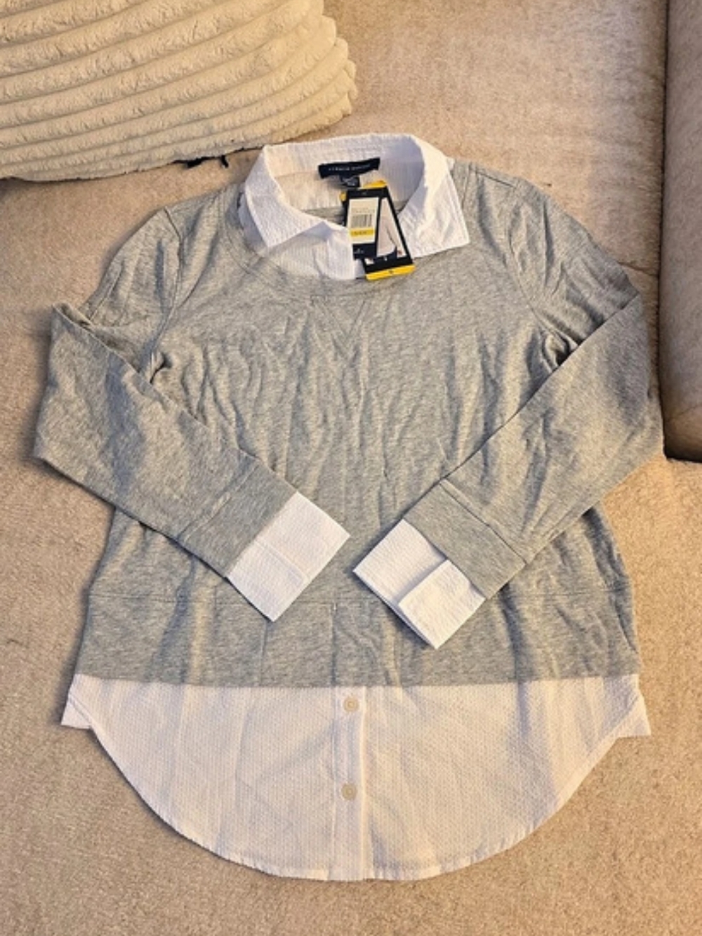 Tommy Hilfiger Women's 2-Fer Layered Sweater & Blouse in heather gray and white.
